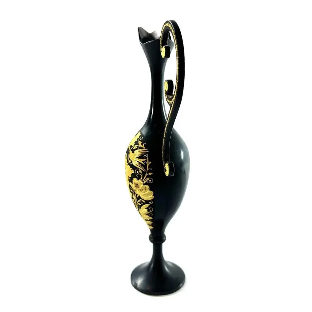 Vintage Black Gold Metal Ewer Vase Hollywood Regency Floral Bird Pitcher 7”